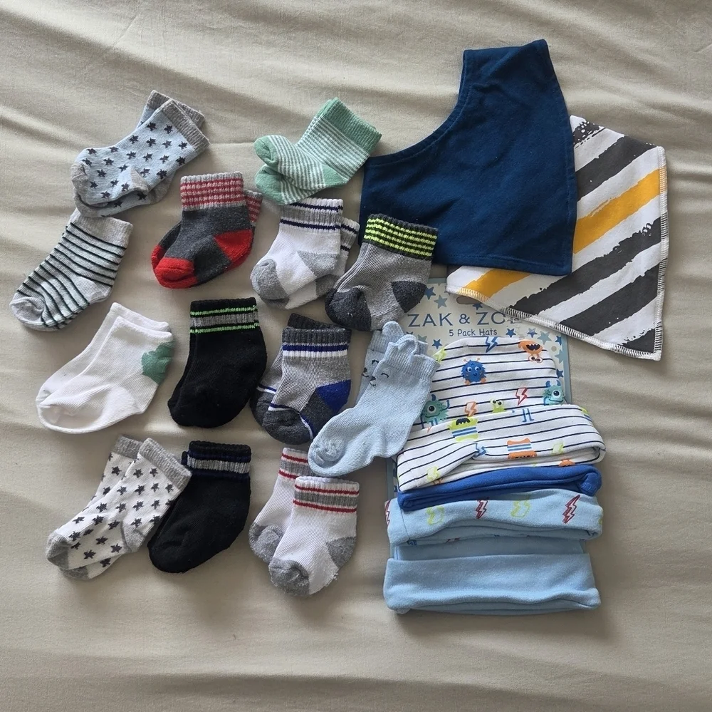 Baby Socks, Bib Set, And Beanie Bundle Size 3-6 Months